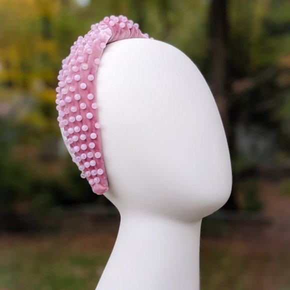 Mauve Pink Beaded Knot Velvet Headband Pink Quartz Swirl Acrylic Beads Handmade main image 5